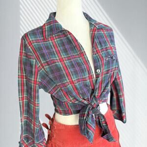 Classic preppy red and blue plaid button-up